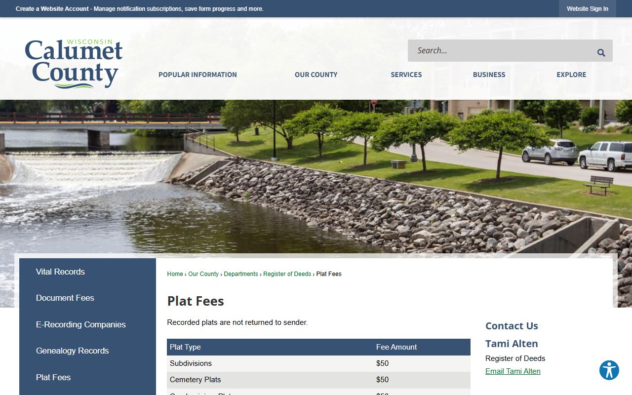 Calumet County deed records plat fees