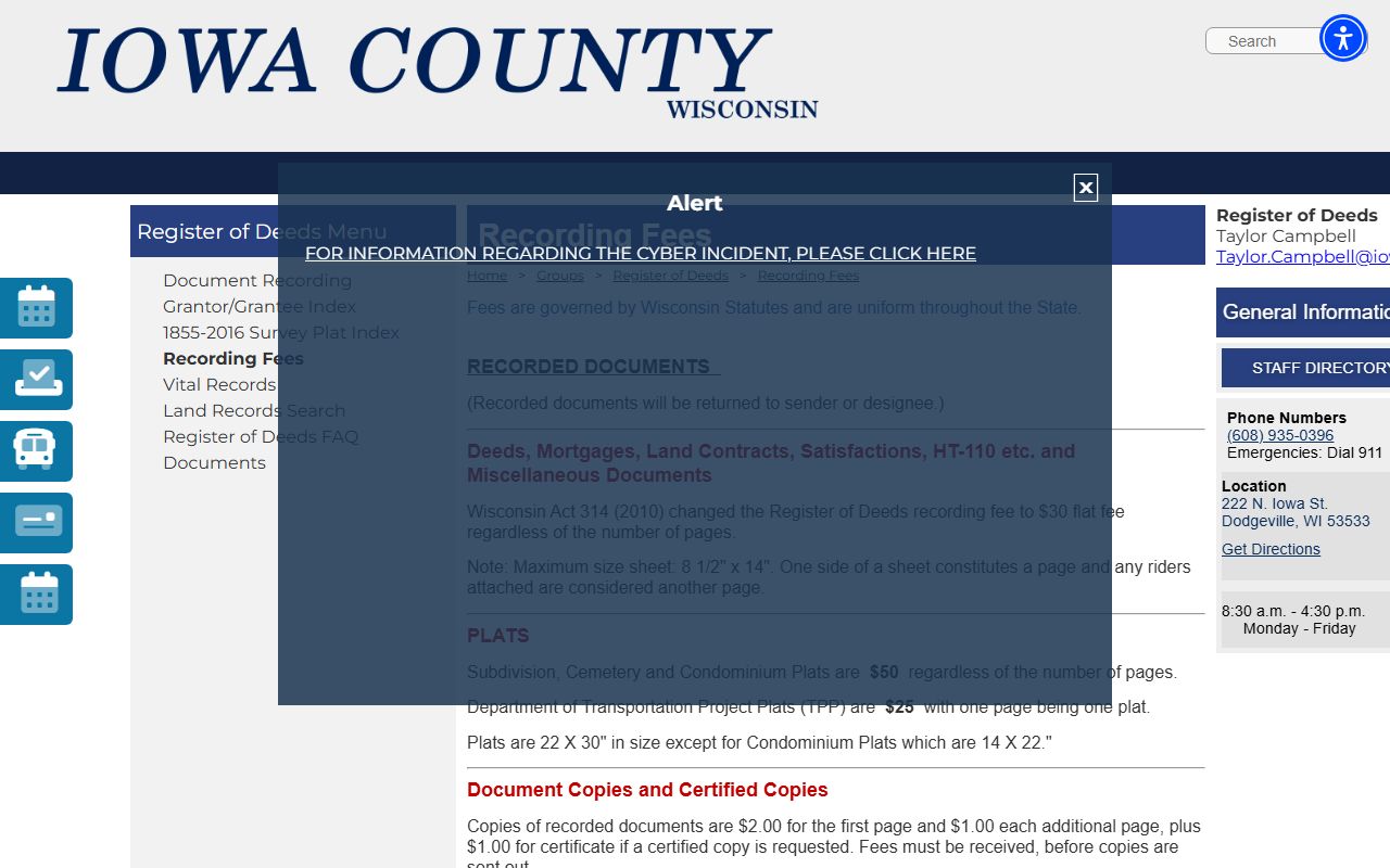 Iowa County deed records recording fees
