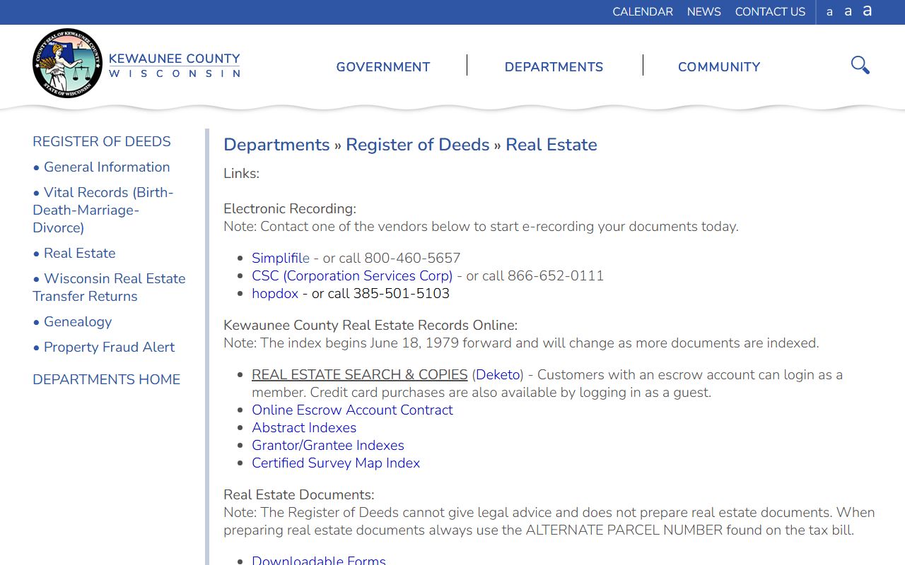 Kewaunee County deed records register of deeds office
