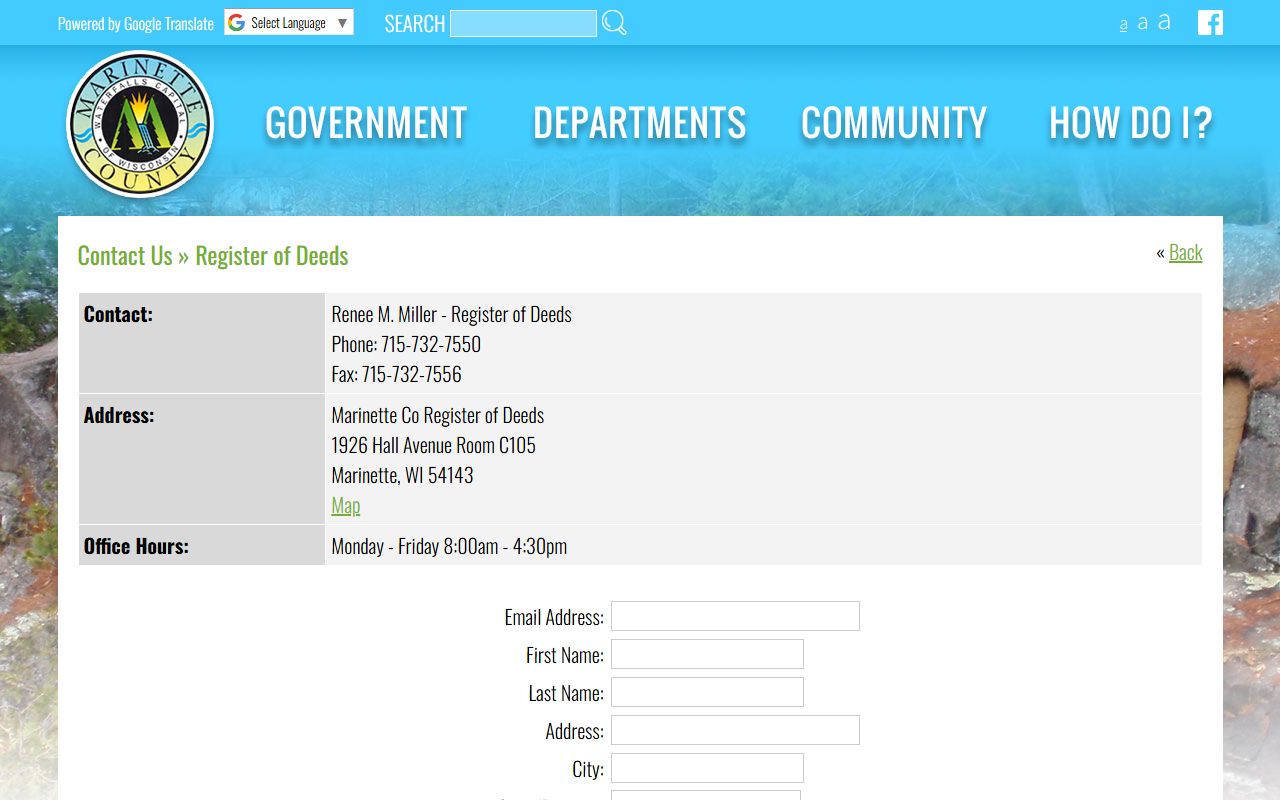 Marinette County deed records contact page